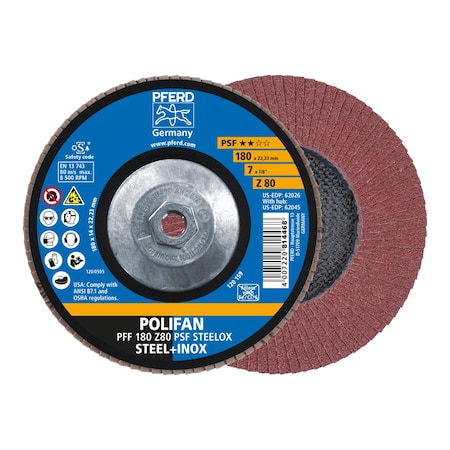 Pferd 7" x 5/8-11 Thd. POLIFAN® Flap Disc - Z PSF STEELOX, Zirconia, 80 Grit, Flat 62045
